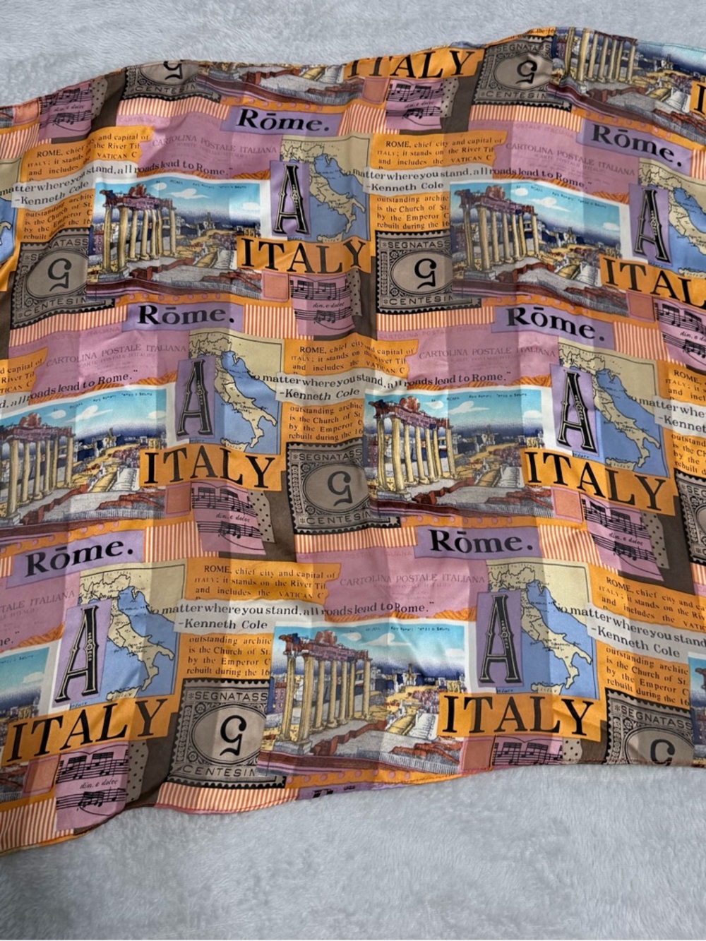 KENNETH COLE Square Scarf Rome Italy Print Silk Lightweight Multicolor